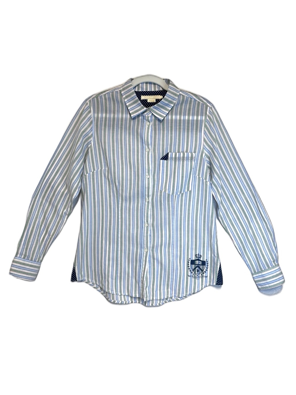 U.S. Polo Assn. Women’s Blue Green Crest Logo Striped Button-Down Shirt SZ M